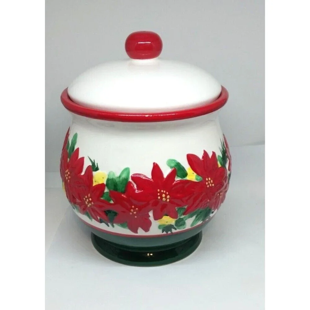 Ceramic Christmas Poinsettia Cookie Jar Canister Holiday Handpainted w/Box